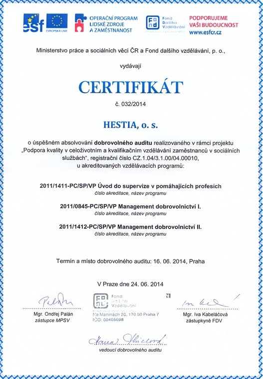 Certifikát pro naše akreditované kurzy